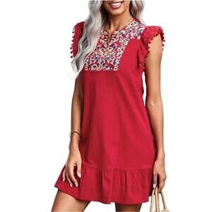Kirundo Red Embroidered Boho Dress Large Pom Pom Linen Blend beach summer